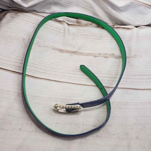Vintage Womens Leather Slim Belt Blue Rhinestone Enamel Buckle Medium 38 Inch main image 9